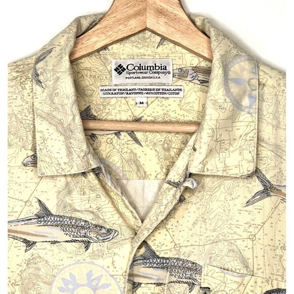 Columbia Mens Shirt Allover Fish Print Short Sleeve Button Up Tan Beige Medium - Picture 3 of 11